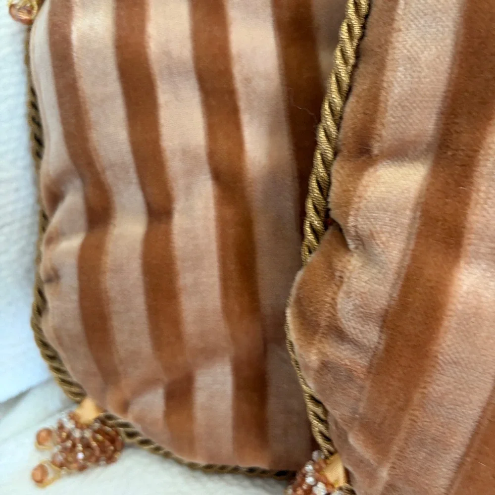 Vintage Brown Copper Gold Velvet Pillows Beaded Tassel Fringe Stripes 10